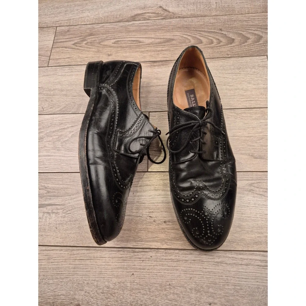 Bally Switzerland Mens Black Leather‎ Wingtip Goodyear Oxford Dress Shoes 10 E